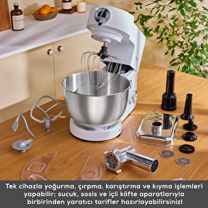 Karaca Multichef Ultra Kıyma Çekme/Sucuk-Sosis/İçli Köfte Aparatlı Hamur Yoğurma Makinesi Porcelain White 2000W 7L görseli 5
