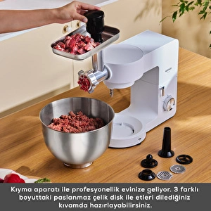 Karaca Multichef Ultra Kıyma Çekme/Sucuk-Sosis/İçli Köfte Aparatlı Hamur Yoğurma Makinesi Porcelain White 2000W 7L görseli 6