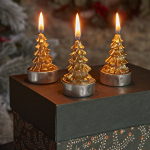 Karaca Home New Year Yılbaşı Gold Tree 3'lü Tealight Mum 3,8x3,8x7 Cm görseli 1