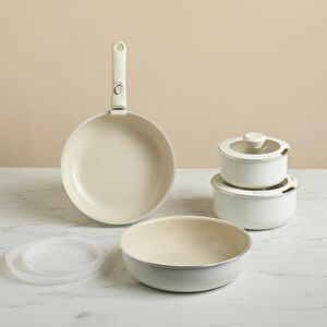 Karaca x Refika Swiss Crystal Almond Cream Easy Clip 9 Parça Tencere Wok ve Tava Seti