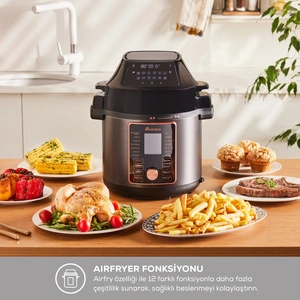 Karaca Cooker 2 in 1 Çok Amaçlı Basınçlı Pişirici Akıllı Elektrikli Düdüklü Tencere ve Airfryer Matte Black 6L görseli 2