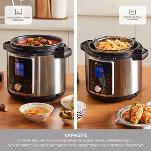Karaca Cooker 2 in 1 Çok Amaçlı Basınçlı Pişirici Akıllı Elektrikli Düdüklü Tencere ve Airfryer Matte Black 6L görseli 5