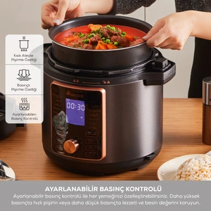 Karaca Cooker 2 in 1 Çok Amaçlı Basınçlı Pişirici Akıllı Elektrikli Düdüklü Tencere ve Airfryer Matte Black 6L görseli 6