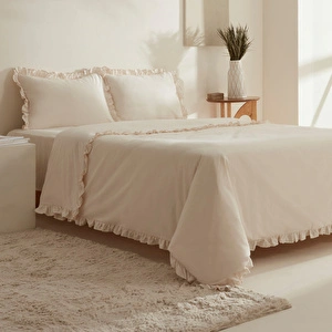 Karaca Home Pure Ruffle %100 Pamuk King Size Fırfırlı Nevresim Takımı Açık Bej görseli 2