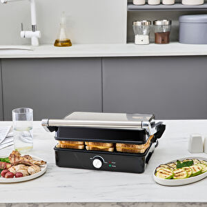 Cookplus x Karaca 4 Dilim Kapasiteli Döküm Plakalı Izgara ve Tost Makinesi Inox 2000W