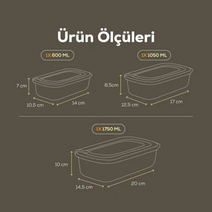 Vienev 3'lü Vip Dikdörtgen Mikrodalga Ve Difrize Uygun Saklama Kabı Seti Yeşil 1x(1750,1050,600 Ml) görseli 2