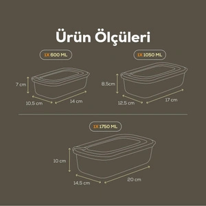 Vienev 3'lü Vip Dikdörtgen Mikrodalga Ve Difrize Uygun Saklama Kabı Seti Bej 1x(1750,1050,600 Ml)