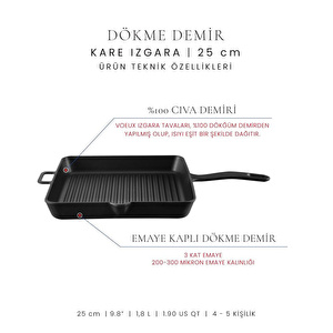 Voeux Kitchenware Elegance Siyah Döküm Kare Izgara Tava 25 Cm görseli 3