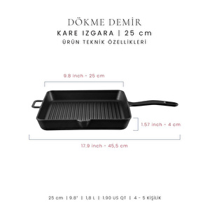 Voeux Kitchenware Elegance Siyah Döküm Kare Izgara Tava 25 Cm görseli 2