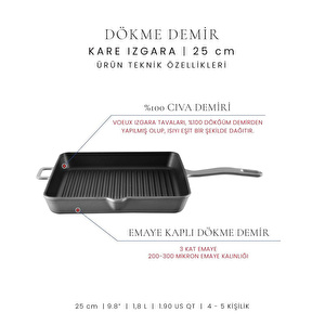 Voeux Kitchenware Gracieuse Gri Döküm Kare Izgara Tava 25 Cm görseli 3