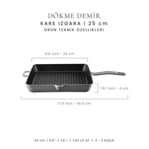 Voeux Kitchenware Gracieuse Gri Döküm Kare Izgara Tava 25 Cm görseli 2
