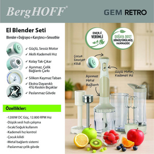 Berghoff Gem Retro 1200 W El Blender Seti – 800 ml Hazne, 5 Parça Aksesuar, Metal Konektör | Vanilya Krem görseli 5
