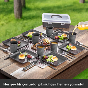 Vienev 32 Parça 6 Kişilik Taşınabilir Piknik Seti - Saklama Kutulu Antrasit