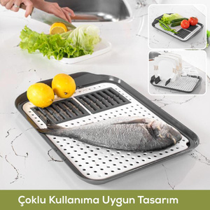 Vienev Çok Amaçlı Su Süzgeçli Kurutma Tepsisi | Sebze, Balık Ve Bulaşık İçin Pratik Kullanım Gri