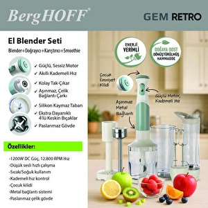 Berghoff Gem Retro 1200 W El Blender Seti – 800 ml Hazne, 5 Parça Aksesuar, Metal Konektör | Mint Yeşil görseli 5