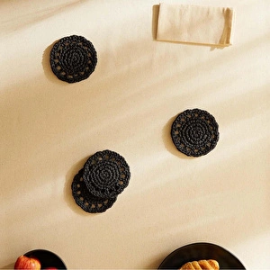 Ocean Home Textile 4'lü Siyah Renk Motifli Rafya Bardak Altlığı Ø 11 Cm
