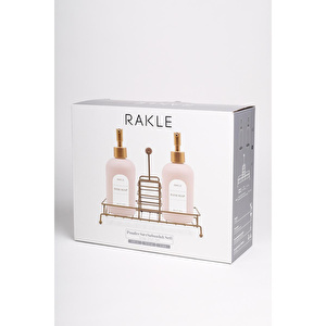Rakle Poudre Gold Metal Ahşap Kulplu Stand 2'li Sıvı Sabunluk Seti Pembe 420 Cc görseli 5
