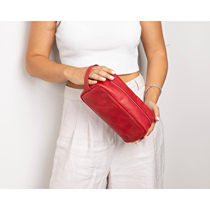 Bloominbag Bloombiel Crimson Red Kırmızı Hakiki Deri Seyahat Ve Makyaj Çantası görseli 2