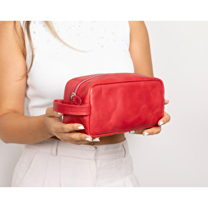 Bloominbag Bloombiel Crimson Red Kırmızı Hakiki Deri Seyahat Ve Makyaj Çantası görseli 3