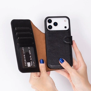 Bloominbag Bloomcase Magic Apple Iphone 17 Pro Max(6.9") Obsidian Black Ayrılabilir Hakiki Deri Cüzdanlı Telefon Kılıfı görseli 2