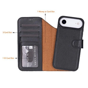 Bloominbag Bloomcase Magic Wallet Obsidian Black Hakiki Deri Iphone 17 Air(6.5") Cüzdanlı Telefon Kılıfı