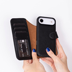 Bloominbag Bloomcase Magic Wallet Obsidian Black Hakiki Deri Iphone 17 Air(6.5") Cüzdanlı Telefon Kılıfı