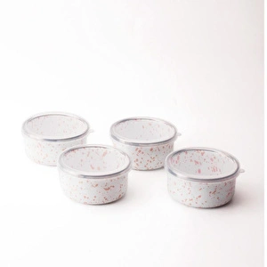 Emaylab Speckles Emaye 4’lü Kapaklı Çerezlik, Kahvaltılık, Reçellik, Zeytinlik, Sunumluk Seti 8cm 200 Ml görseli 1