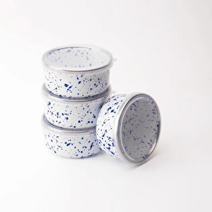 Emaylab Speckles Emaye 4’lü Kapaklı Çerezlik, Kahvaltılık, Reçellik, Zeytinlik, Sunumluk Seti 8cm 200 Ml görseli 3