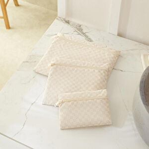 Ocean Home Textile 3'lü Su Geçirmez Pvc Astarlı Bej Dama Desen Islak Kuru Çantası 20 X 13 / 24 X 20 / 30 X 24 Cm görseli 2