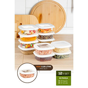 Vienev 12'li Etiketli Lux Hava Geçirmez Erzak Ve Baharat Saklama Kabı Seti 0,25 Lt Beyaz