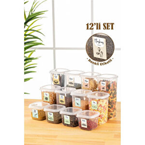 Vienev Renkli Etiketli 12li Peggy Kare Erzak Saklama Kabı 4x(0,55 Litre, 1,2 Litre, 1,75 Litre) Beyaz