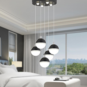 Apliqa Ekin 5'li Yuvarlak 47 Watt Siyah Ledli Kelebek Detaylı Modern Koridor, Yatak Odası Salon Sarkıt Led Avize görseli 1