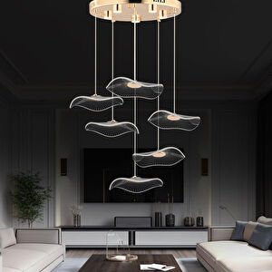 Apliqa Jolie 6'lı Yuvarlak 3 Renkli 61 Watt Gold Kristal Ledli Modern Oturma Odası Salon Sarkıt Avize görseli 1