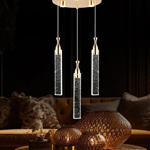Apliqa Klaus 3'lü Yuvarlak 3 Renkli 48 Watt Gold Kristal Ledli Modern Oturma Odası Salon Sarkıt Avize görseli 1