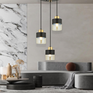Apliqa Boris 3lü Yuvarlak Siyah Gold Sarkıt Modern Genç Odası Mutfak Retro Salon Avize görseli 3