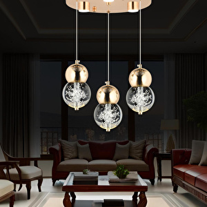 Apliqa Sasha 3'lü Yuvarlak 3 Renkli 48 Watt Gold Kristal Ledli Modern Oturma Odası Salon Sarkıt Avize görseli 1