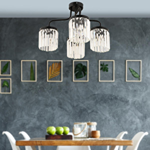 Apliqa Ayan 4lü Siyah Kristalli Taşlı Modern Tasarım Kristal Salon Avize görseli 1
