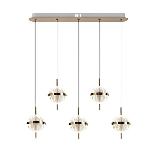Apliqa Loret 5'li Sıralı 60 Watt Gold Kristalli Modern Salon Yemek Masası Üstü Sarkıt Led Avize görseli 2