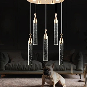 Apliqa Klaus 5'li Yuvarlak 3 Renkli 75 Watt Gold Kristal Ledli Modern Oturma Odası Salon Sarkıt Avize görseli 1