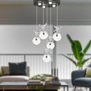 Apliqa Lokken 5'li Yuvarlak 42 Watt Krom Kristal Ledli Modern Oturma Odası Salon Sarkıt Avize görseli 1