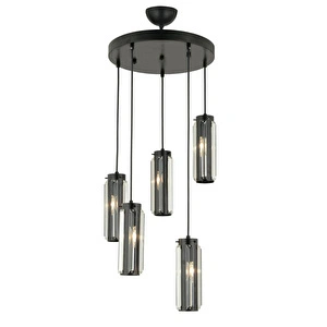 Apliqa Natali 5 Li Yuvarlak Siyah Modern Kristalli, Taşlı Modern Tasarım Kristal Salon Sarkıt Avize görseli 4