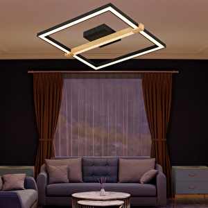 April Siyah 58 Watt Plafonyer Kare Ahşap Desenli Modern Salon Led Avize