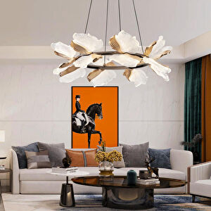 Apliqa Taran 60'lik Siyah Gold Çiçek Desenli 80 Watt Yuvarlak Modern Salon Led Avize görseli 1