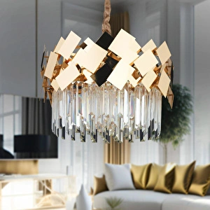 Apliqa Roshan 50'lik Yuvarlak Gold Kristal Taşlı Modern Oturma Odası Salon Sarkıt Avize görseli 1