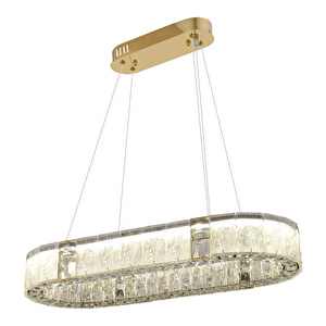 Apliqa Rocco Elips 3 Renkli Ledli 49 Watt Gold Kaplamalı Kristal Taşlı Sarkıt Led Salon Yemek Masa Üstü Avize görseli 2