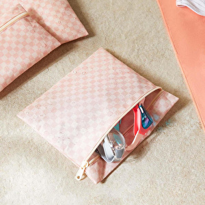 Ocean Home Textile 3'lü Su Geçirmez Pvc Astarlı Pembe Dama Desen Islak Kuru Çantası 20 X 13 / 24 X 20 / 30 X 24 Cm görseli 4