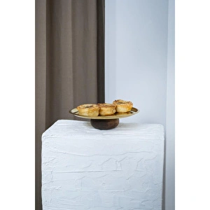Beige & Stone Ahşap Tabanlı Gold 23 Cm Yuvarlak Servis/sunum Tabak Dekoratif Stand görseli 4