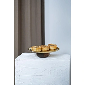Beige & Stone Ahşap Tabanlı Gold 23 Cm Yuvarlak Servis/sunum Tabak Dekoratif Stand görseli 3