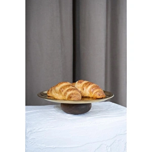 Beige & Stone Ahşap Tabanlı Gold 23 Cm Yuvarlak Servis/sunum Tabak Dekoratif Stand görseli 2