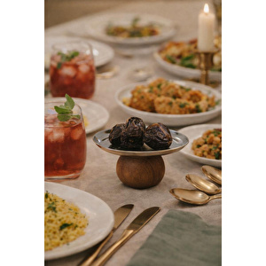 Beige & Stone Gümüş Detaylı Ahşap Ayaklı Hurmalık & Lokum Ramazan Sofra Sunum Standı